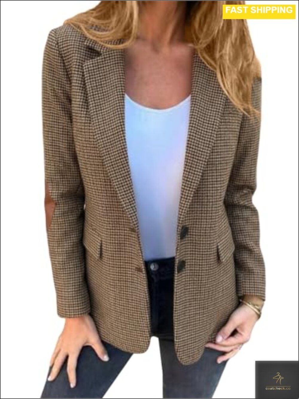 Women's Tweed Houndstooth Plaid Blazer Elbow Patches Business Casual Work